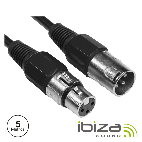 Cabo XLR 3p Macho / XLR 3p Fêmea 5m IBIZA Cabo de som Ibiza Sound preto com conectores XLR macho e fêmea