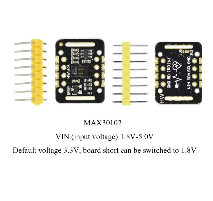 Módulo Sensor de Frequência Cardíaca para Arduino MAX30102, Concentração de Oxigénio no Sangue Componentes eletrónicos MAX30102 com conectores amarelos e texto técnico