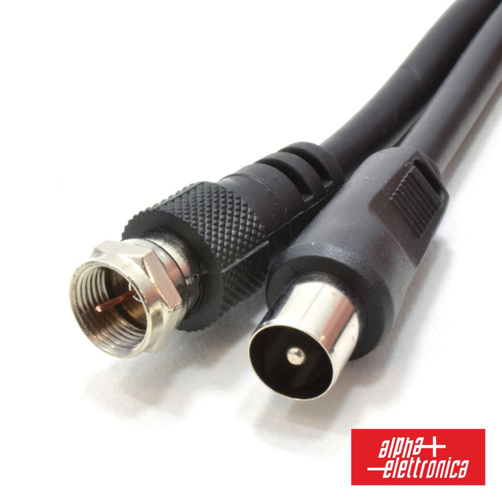 Cabo F Macho / Coaxial 9,5mm Macho 5m ALPHA Cabo coaxial preto com conectores de metal e logótipo alpha elettronica em fundo branco