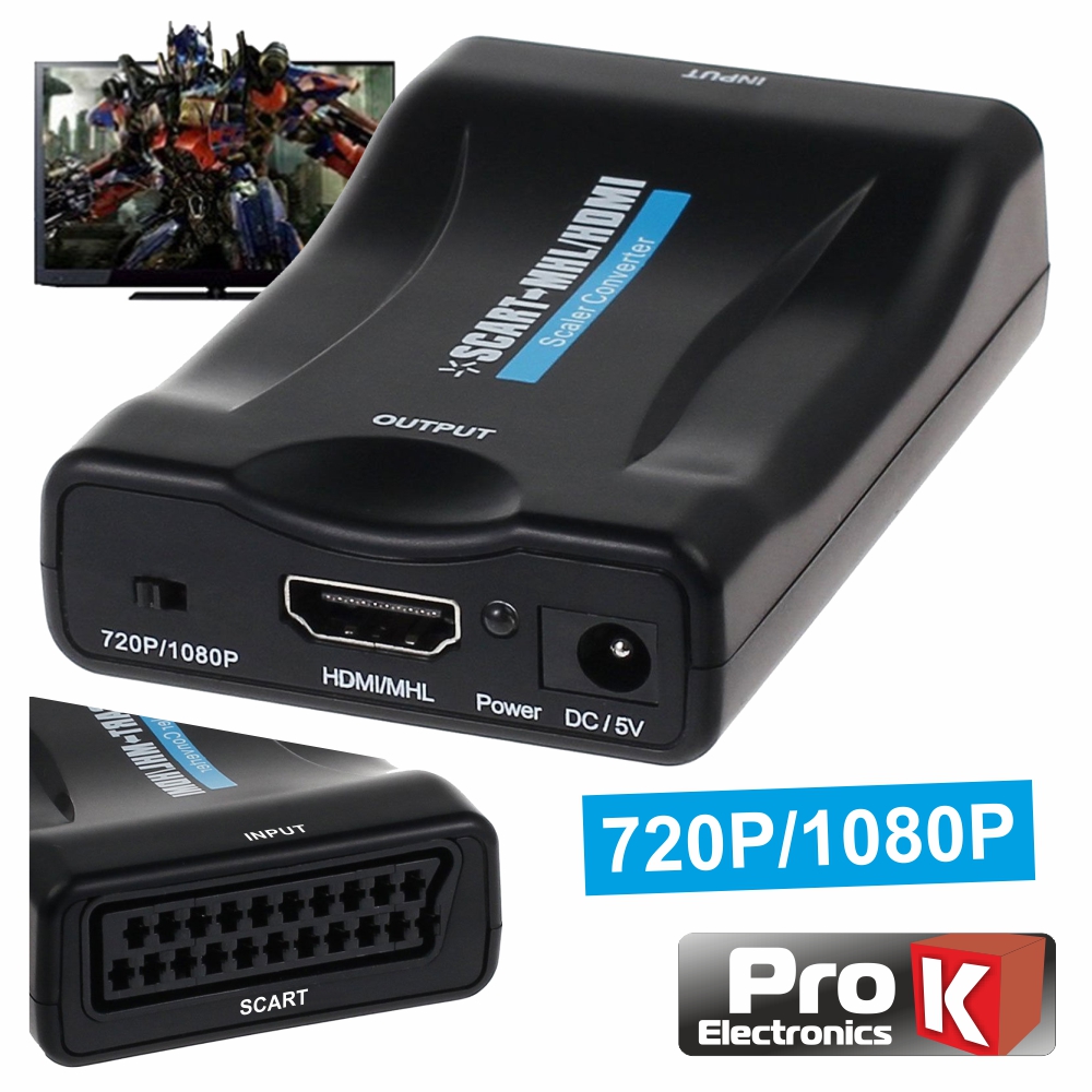 Conversor Scart P/ Hdmi/Mhl 720P/1080P Prok Conversor SCART para HDMI preto com entradas e saídas visíveis, ao lado de ecrã com imagem de filme
