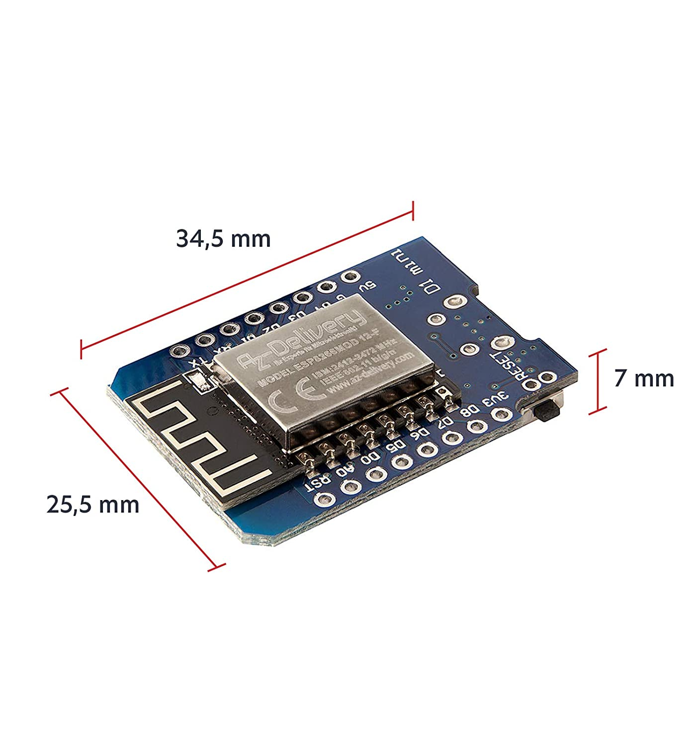 Placa D1 Mini NodeMcu Wi-Fi com ESP8266-12F CH340G módulo WLAN Lua compatível com Arduino Placa eletrónica azul com módulo ESP32-WROOM-32D e dimensões indicadas