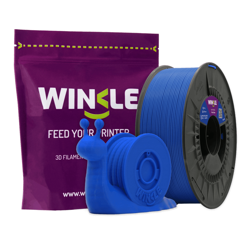 Filamento PLA Azul Pacífico 1.75mm 1kg Winkle Carretel de filamento azul para impressão 3D com embalagem roxa e objeto impresso em forma de caracol azul.