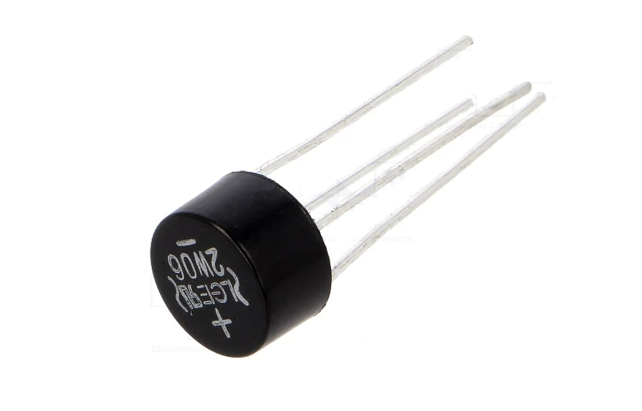 Ponte Rectificadora B500R 1KV 2A Componente eletrónico preto cilíndrico com quatro terminais metálicos