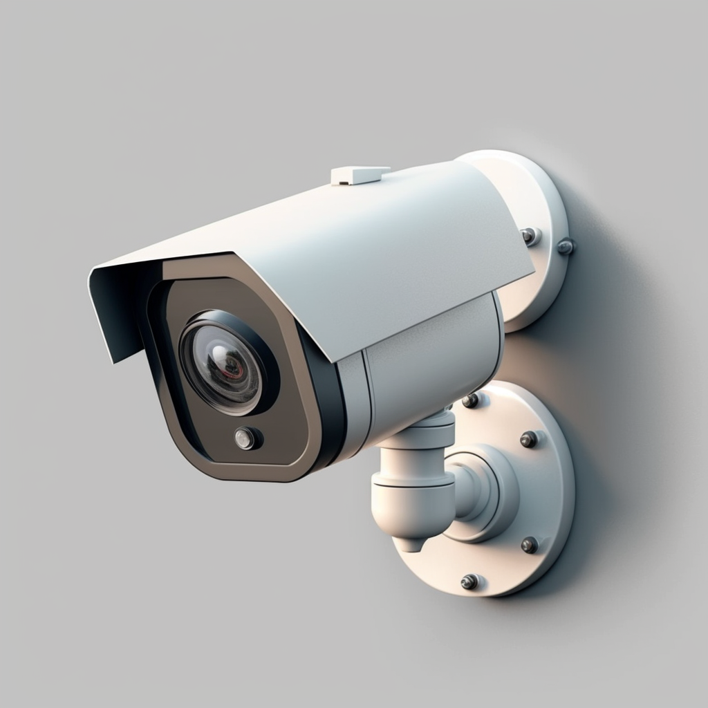 Câmara de segurança fixa branca com lente preta montada na parede