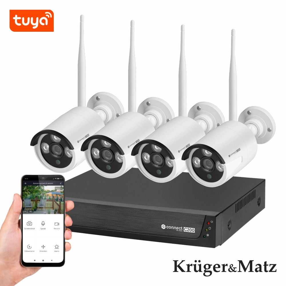 Sistema de videovigilância 4 Câmaras Ip66 Wifi Tuya Kruger Matz Conjunto de câmeras de vigilância com dispositivo de controlo e aplicação móvel