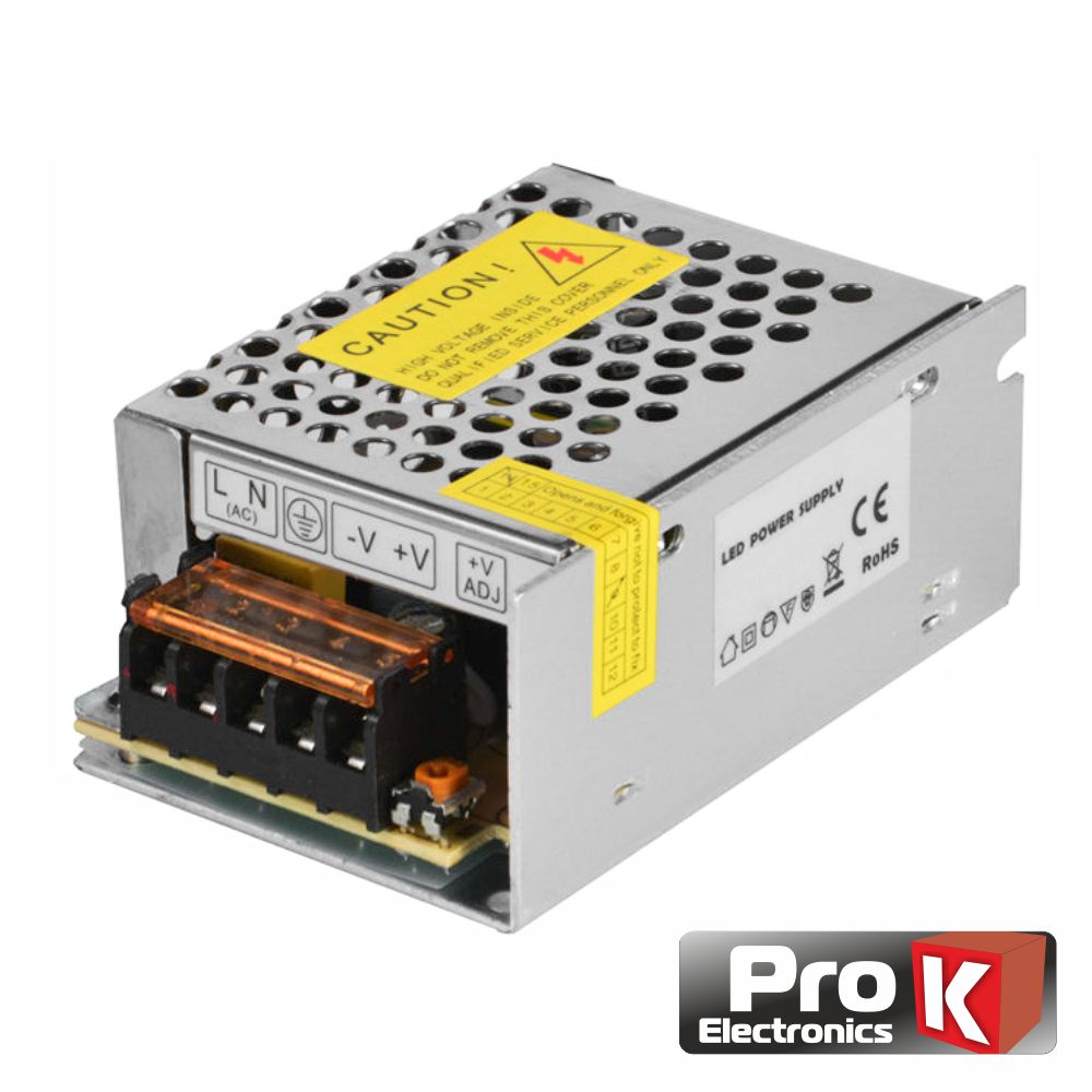 Fonte De Alimentação Industrial 12V 25W 2A Prok Fonte de alimentação LED metálica perfurada com terminais e etiquetas de advertência