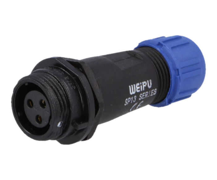 Conector ficha SP13 fêmea PIN 3 IP68 4÷6,5mm 13A solda 250V Conector Circular Conector elétrico preto e azul WEIPU SP13 SERIES com três pinos