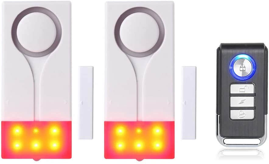 Alarme de portas e janelas - alarme sem fio com 105 db som forte e luz brilhante, fácil de instalar (inclui 2 alarme e 1 controle remoto) Conjunto de campainha sem fios com luzes LED e telecomando