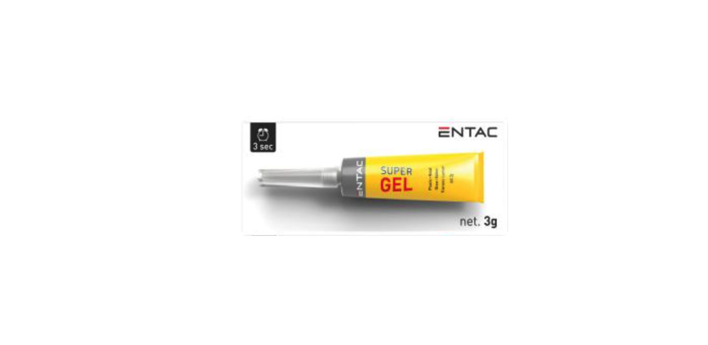 Tubo Super Cola Adesiva Multiusos 3G Entac Tubo metálico de SUPER GEL ENTAC com tampa branca em fundo branco