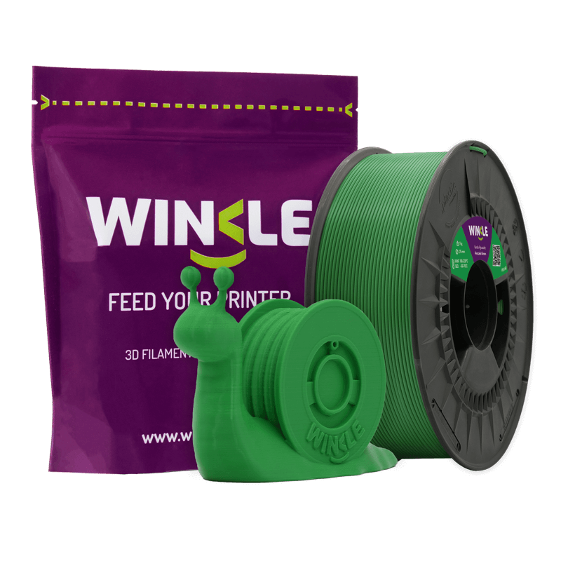 Filamento PLA Verde Abacate 1.75mm 0,3kg Winkle Filamento 3D verde da marca Winkle com embalagem roxa e modelo impresso em forma de caracol.