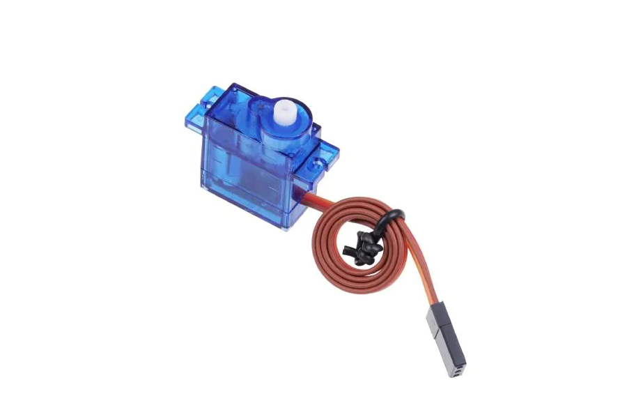 Servo motor azul translúcido com cabo laranja e conector preto