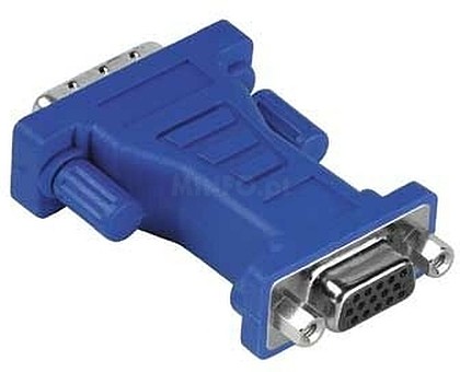Adaptador VGA azul com conetores metálicos para ligação de dispositivos.