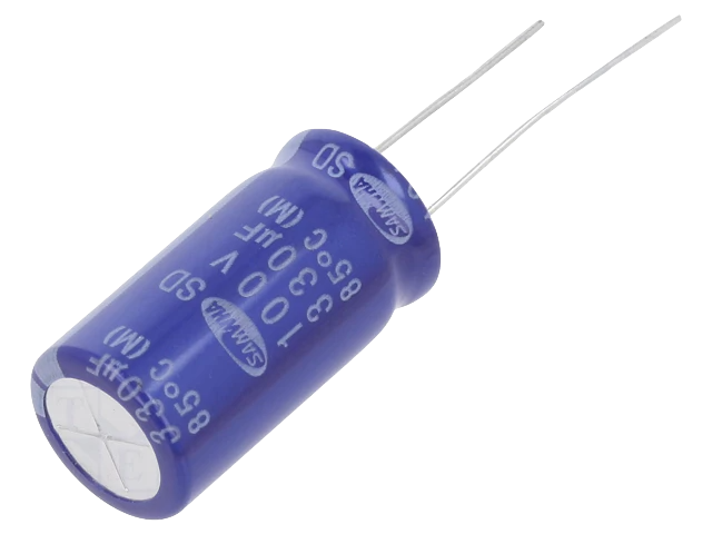 Condensador electrolítico 330uF 100VDC Ø12,5x25mm ±20% Condensador eletrolítico azul cilíndrico com marcações brancas