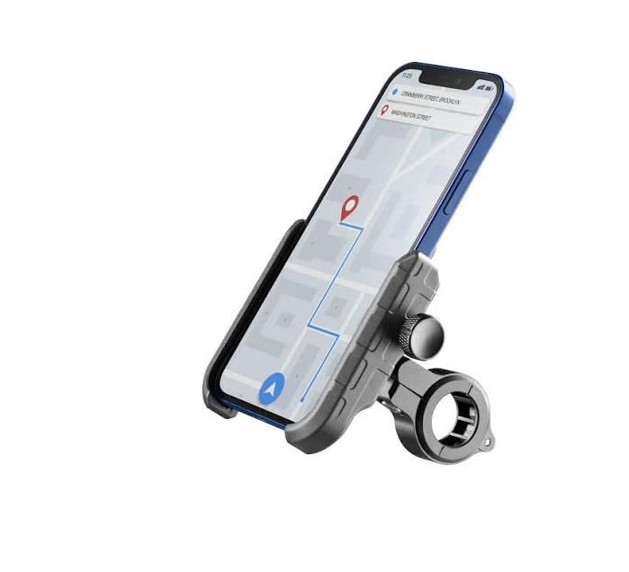 Suporte de telemóvel para bicicleta com telemóvel azul em aplicação de navegação