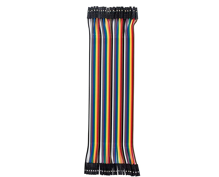 Cabos para ligação arduino fêmea - fêmea 20cm Dupont 40 fios Cabos jumper coloridos com conectores pretos sobre fundo branco.