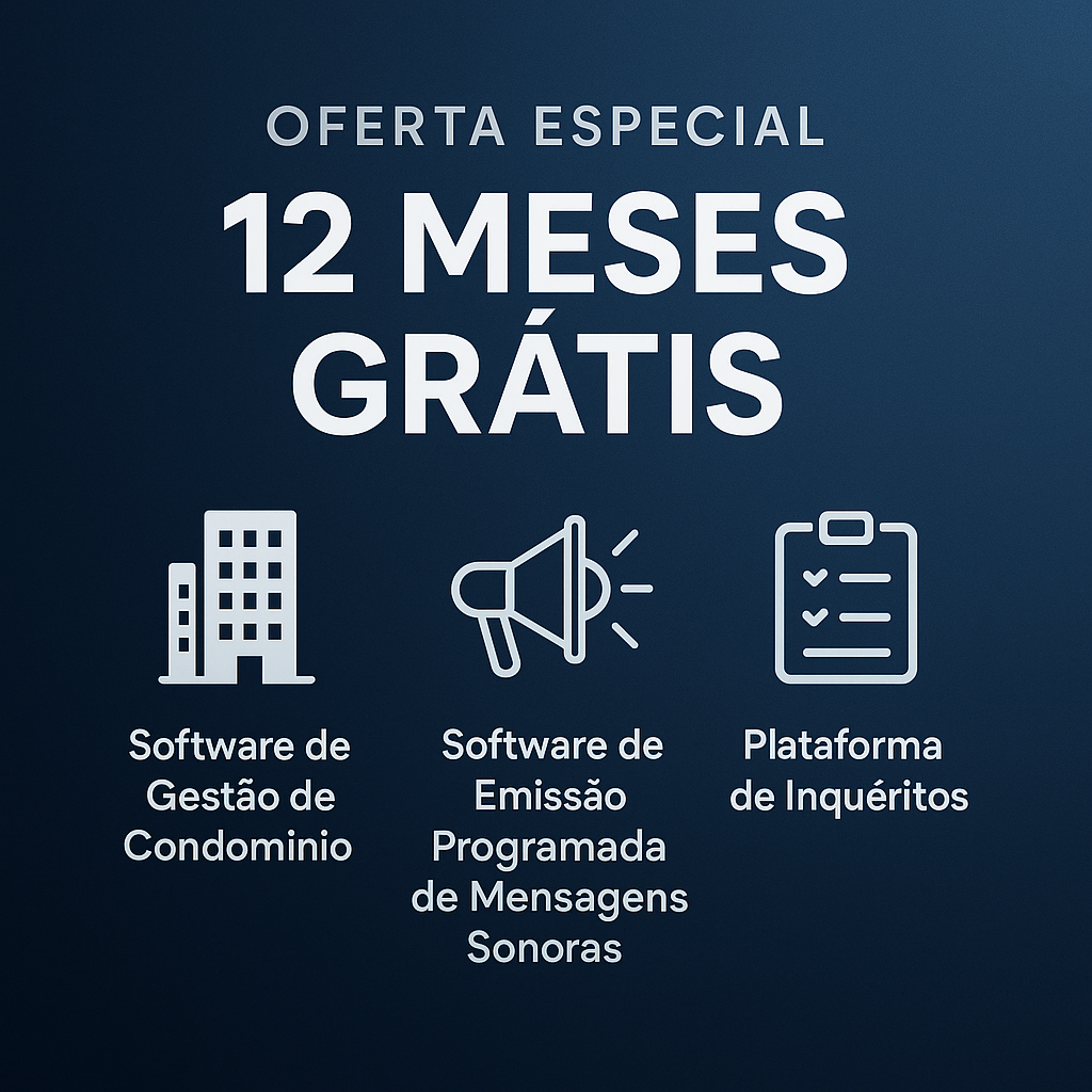 Oferta especial 12 meses grátis com ícones de software de gestão, mensagens sonoras e plataforma de inquéritos