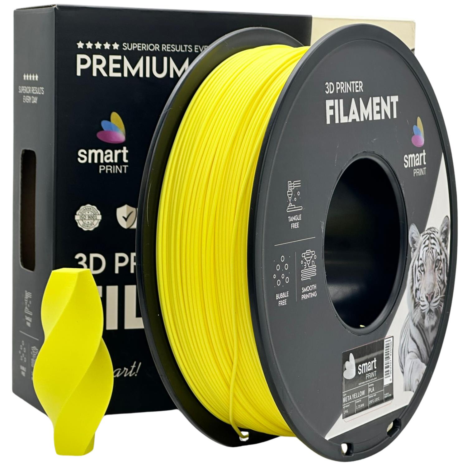 Filamento para impressora 3D amarelo da Smart Print com embalagem e modelo impresso