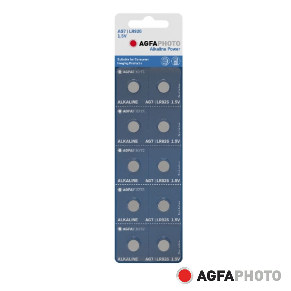 Cartela de 10 pilhas alcalinas AGFA PHOTO A67 LR926 1.5V em embalagem azul e branca