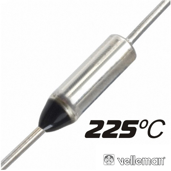 Fusível Térmico 225ºc 250v VELLEMAN Termóstato metálico com fios e texto 225ºC, logo velleman