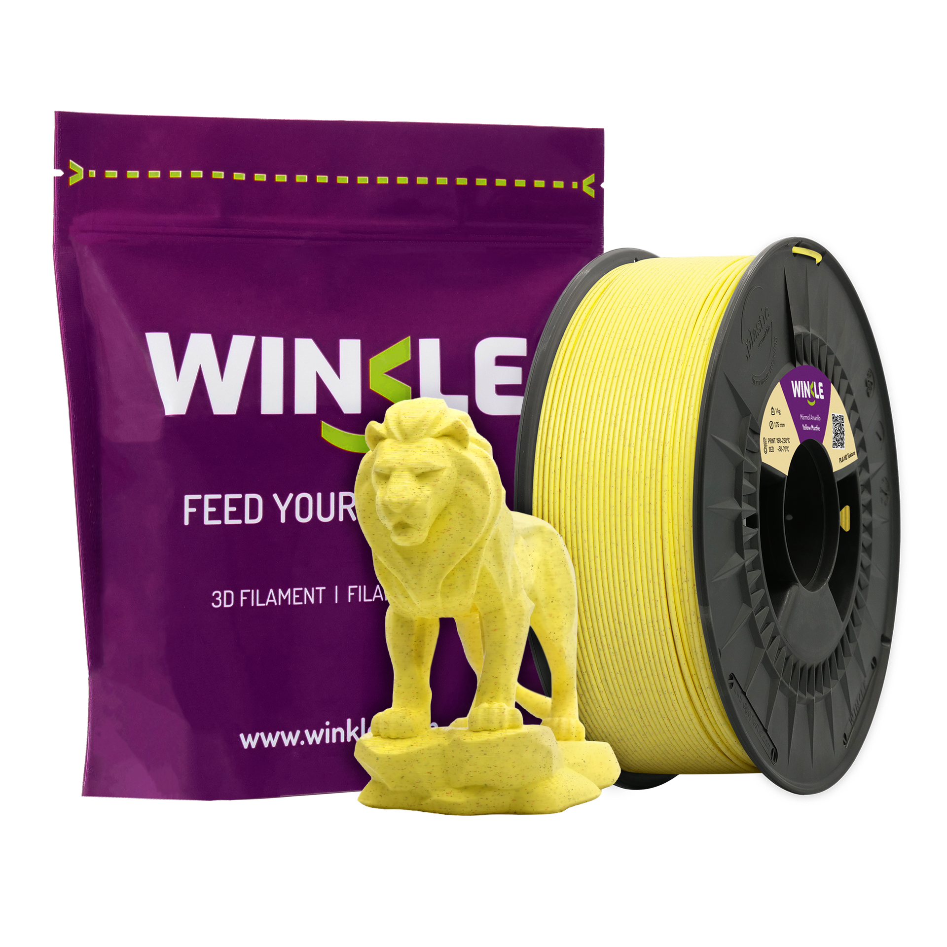 Filamento PLA Amarelo Mármore 1.75mm 1kg Winkle Rolo de filamento amarelo para impressão 3D com embalagem roxa e figura amarela impressa.