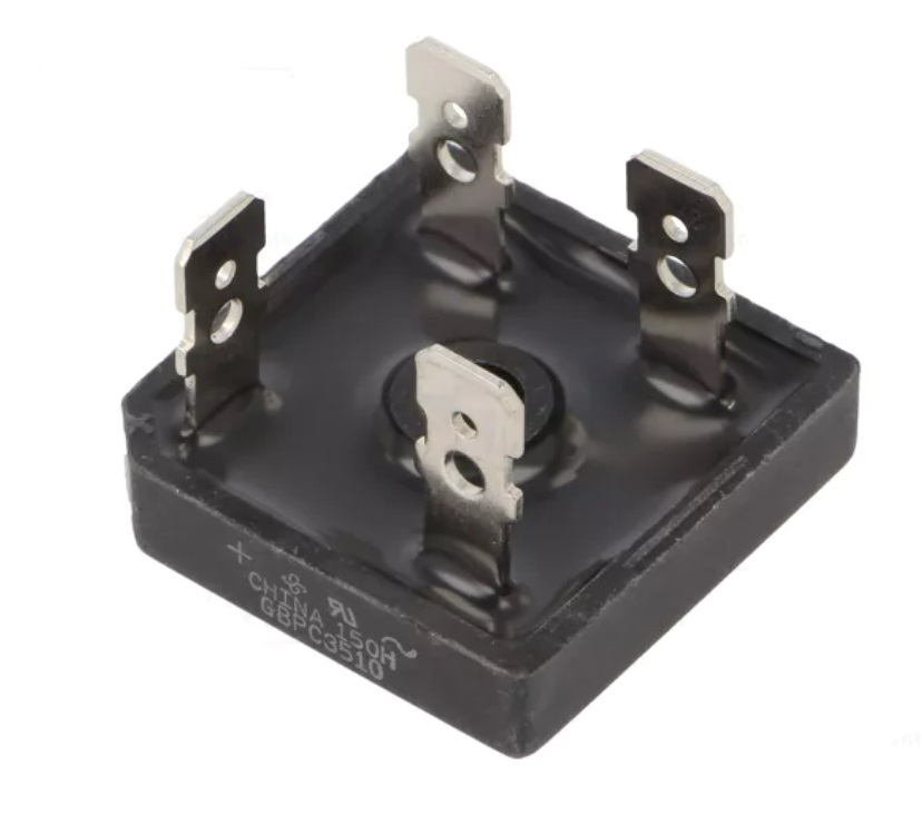 Ponte retificadora quadrada preta com quatro terminais metálicos