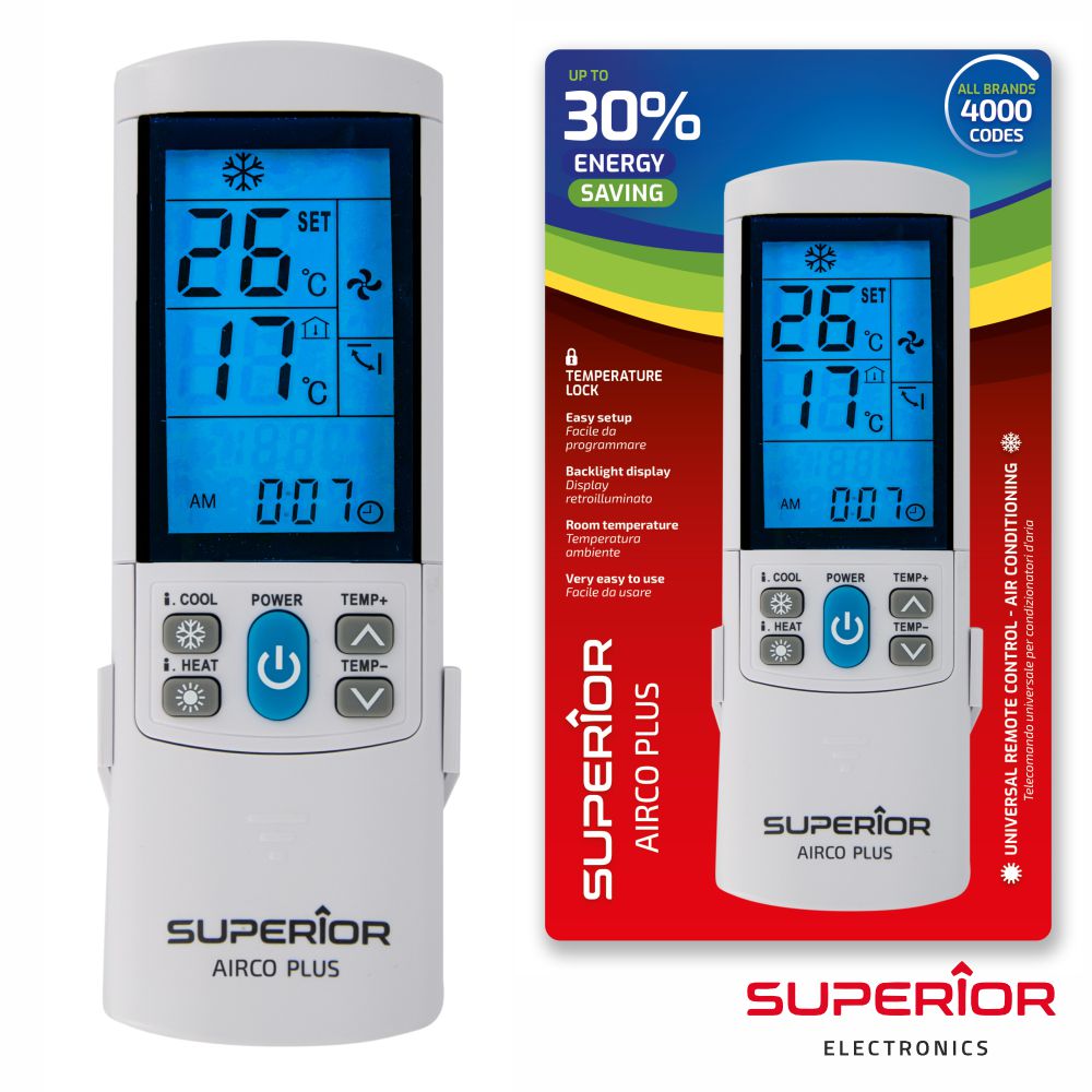 Comando para Ar Condicionado Universal Comando remoto branco para ar condicionado Superior Airco Plus com display digital e embalagem colorida