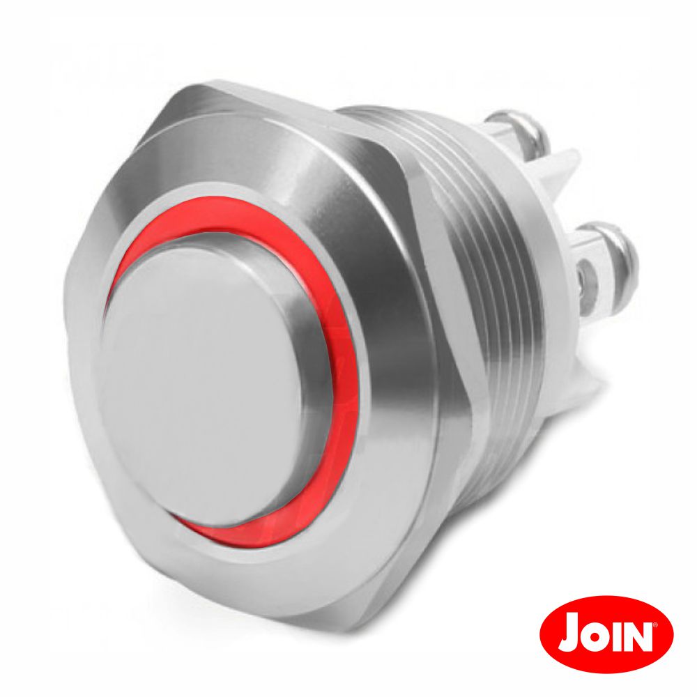 Comutador Pulsador Metal Redondo 12V Na Vermelho Botão metálico prateado com anel vermelho iluminado em fundo branco