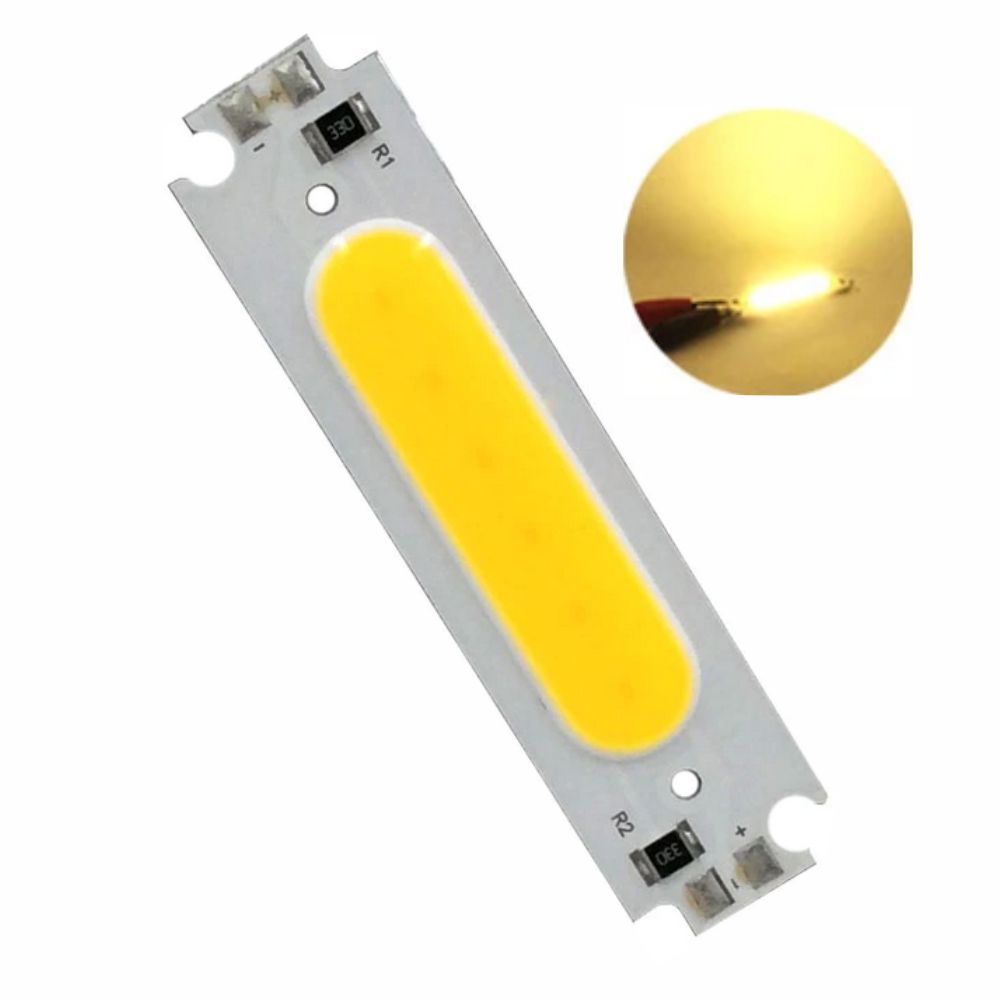 LED COB 2W 12V Branco Quente 60x15mm Peça eletrónica LED branca e amarela com luz ligada