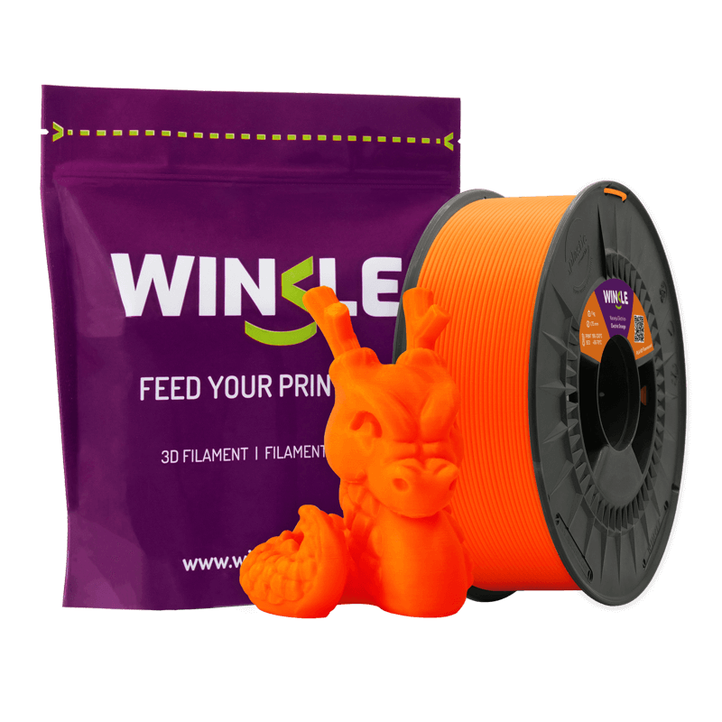 Filamento PLA Laranja Elétrico 1.75mm 1kg Winkle Filamento 3D laranja Winkle com embalagem roxa e figura impressa em 3D