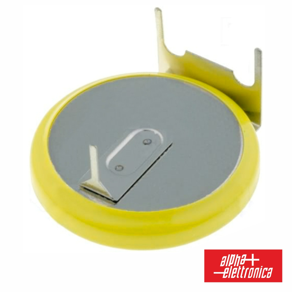 Bateria de botão amarela com aba metálica e logótipo alpha elettronica