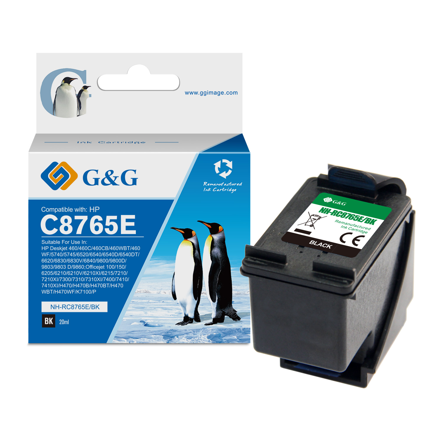 Tinteiro HP 338 preto G&G compatível Cartucho de tinta preto G&G compatível com HP C8765E com embalagem azul e imagem de pinguins