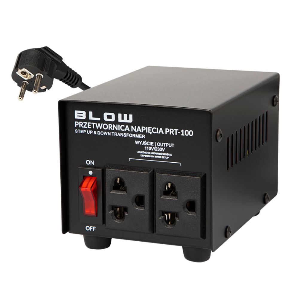 Transformador de tensão preto com interruptor vermelho e duas tomadas universal