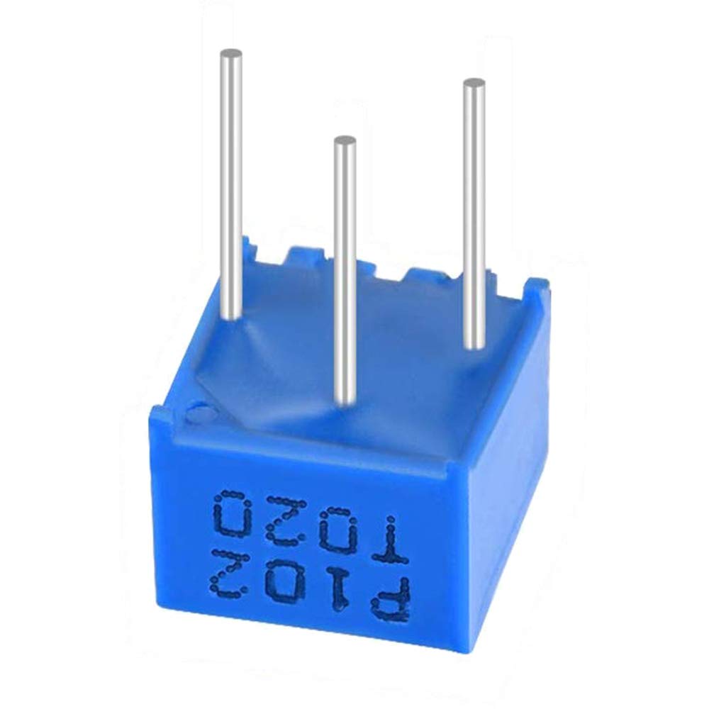 Trimmer Potenciómetro Variável para PCB 500 ohm Componente eletrónico azul em forma de cubo com três pinos metálicos verticais