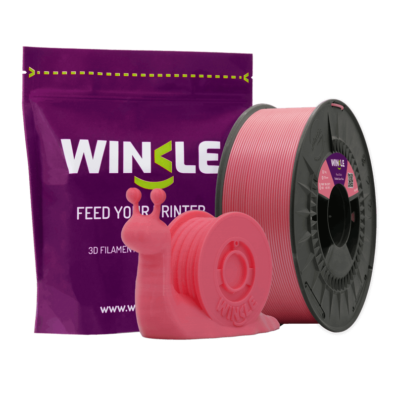 Filamento PLA Rosa Chiclete 1.75mm 0,3kg Winkle Filamento 3D rosa da marca WINKLE com miniatura impressa e embalagem roxa.