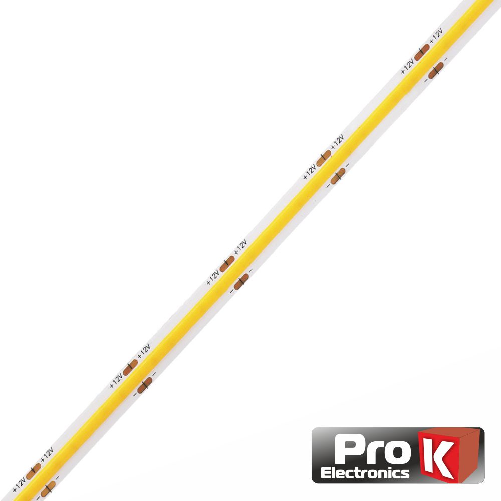 Fita de led COB 12V 14W/m 4000K 5m IP44 PROK Fita LED amarela e branca com marcações 12V e símbolos de corrente eléctrica