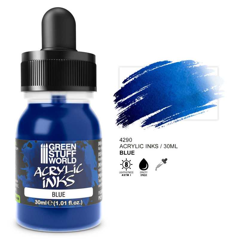 Tinta Acrylic Ink Opaque - Blue Frasco de tinta acrílica azul com tampa conta-gotas preta
