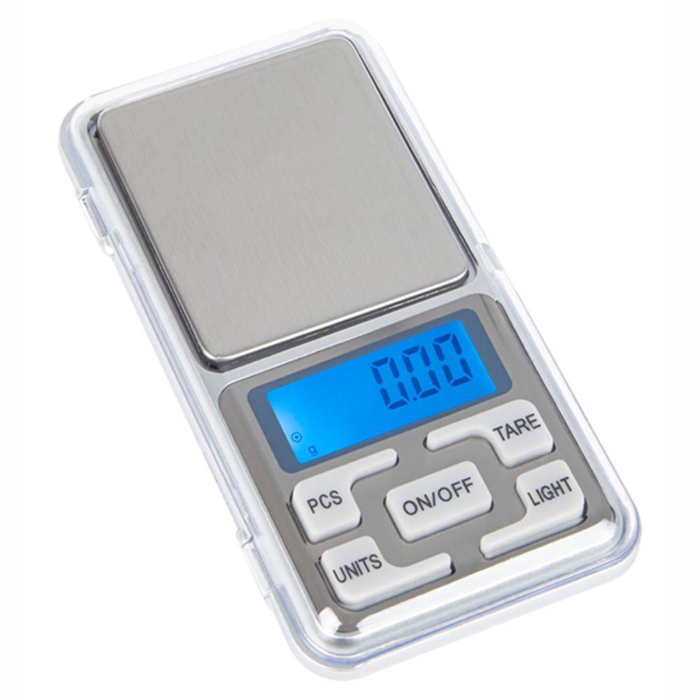 Mini Balança Precisão Digital 500g / 0,01g Balança digital de bolso com ecrã azul e botões cinza