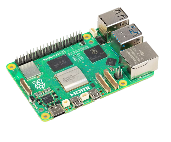 Placa electrónica Raspberry Pi 4 verde com chips e portas USB e HDMI
