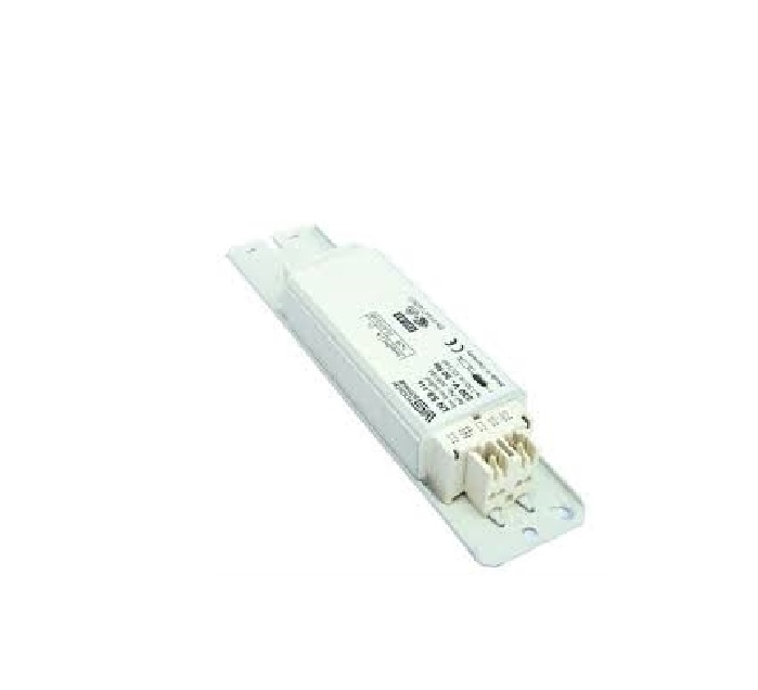 Balasto elétrico branco com etiquetas pretas em base metálica branca