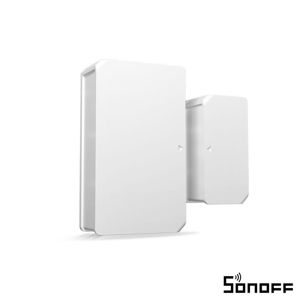 Sensor de Janelas E Portas Zigbee WiFi SONOFF Dois dispositivos eletrônicos brancos retangulares Sonoff em fundo branco