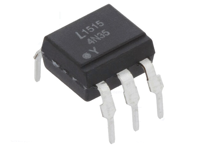 Acoplador optico 4N25 Ch: 1 OUT: transístor Uisol: 2,5kV Uce: 30V Componente eletrónico preto com 6 pinos e textos L1515 4N35 Y