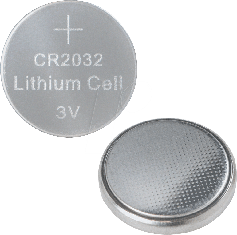 Dois acumuladores CR2032 Lithium Cell 3V prateados, um com texto frontal e outro com padrão pontilhado
