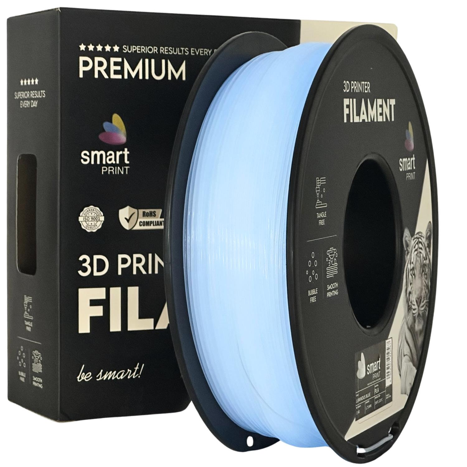 Filamento azul claro para impressora 3D em carretel preto e embalagem preta