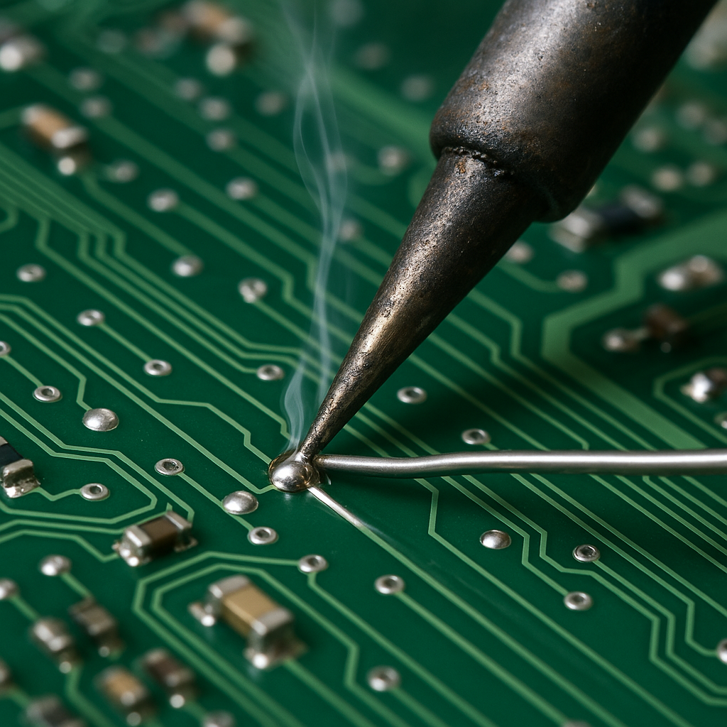 Ponta de ferro de solda metalica a soldar componente numa placa de circuito impresso verde