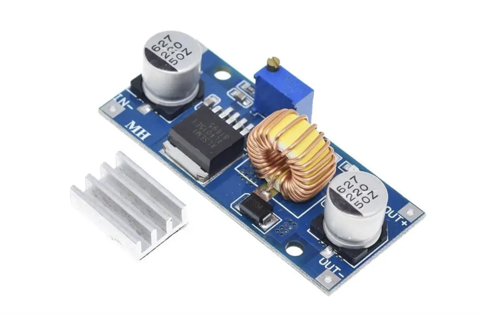 Conversor DC-DC redutor de tensão XL4015 4 ~ 38V 96% 5A Módulo eletrónico azul com condensadores, bobina dourada e dissipador de calor