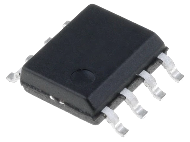 Amplificador operacional AD8542ARZ 1MHz Ch: 2 SO8 Chip integrado preto com oito pinos metálicos curvos em fundo branco