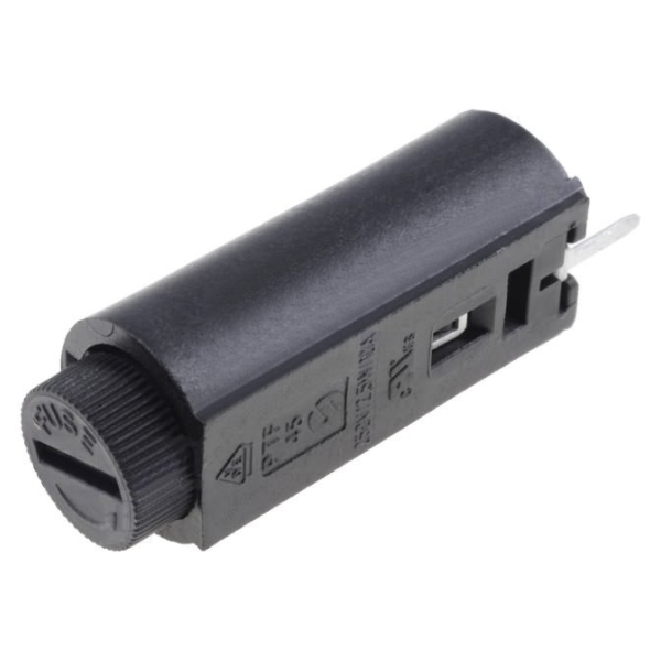 Porta-Fusíveis 5x20mm P/ Ci C/ Cápsula Rotativa Interruptor de pressão preto cilíndrico com terminais metálicos