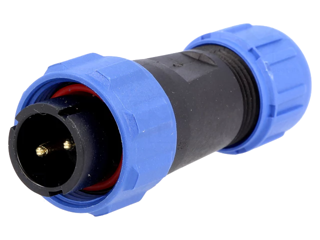 Conector ficha SP13 macho PIN: 2 IP68 4÷6,5mm 13A 250V Conector Circular Conector elétrico cilíndrico com pinos dourados e extremidades azuis