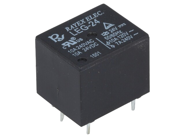 Relé eletrónico preto quadrado com texto branco e quatro pinos metálicos