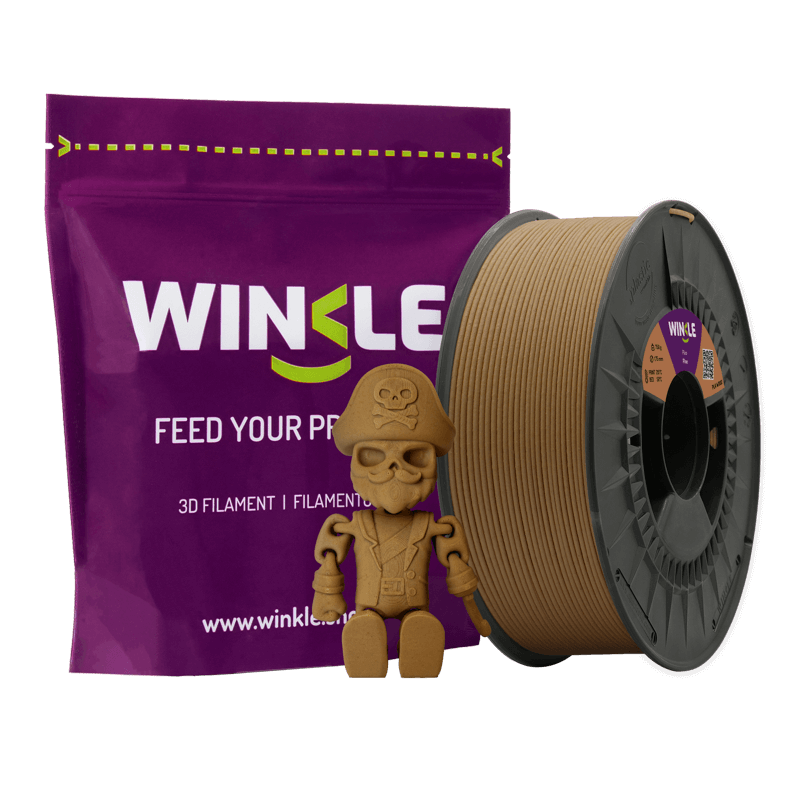 Filamento PLA Pine 1.75mm 1kg Winkle Filamento 3D castanho, saco roxo Winkle e figura miniatura pirata castanha.